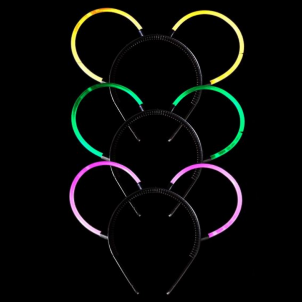 Five vibrant Neon Glow Headbands in yellow, green, orange, pink on a black band.