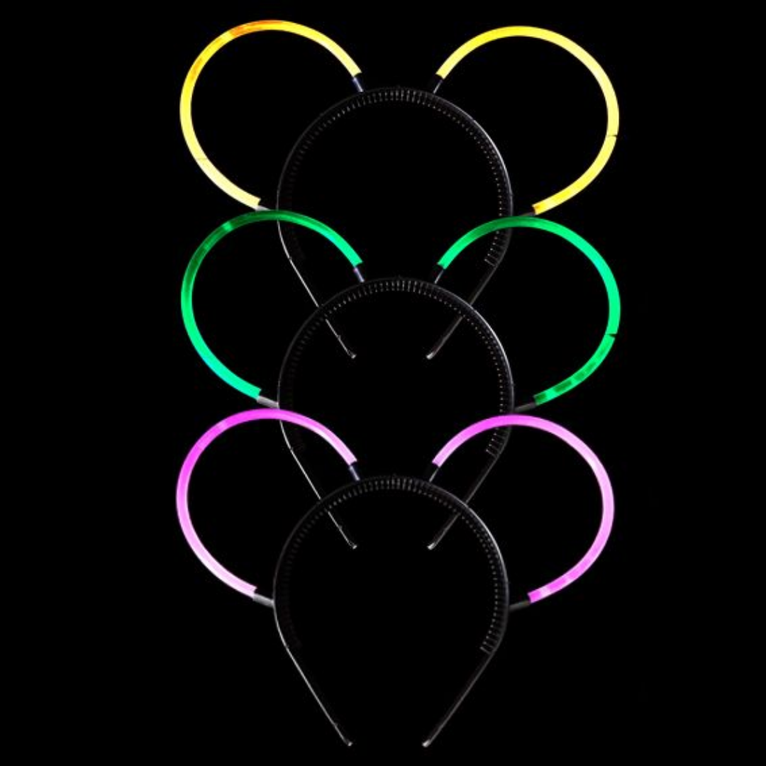 Five vibrant Neon Glow Headbands in yellow, green, orange, pink on a black band.