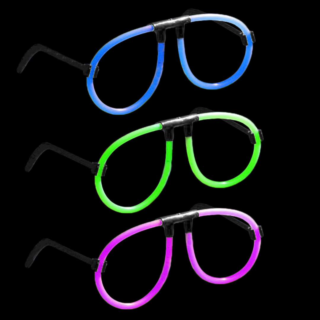 Three pairs of Neon Stick Glasses in blue, green, and pink on a black background.