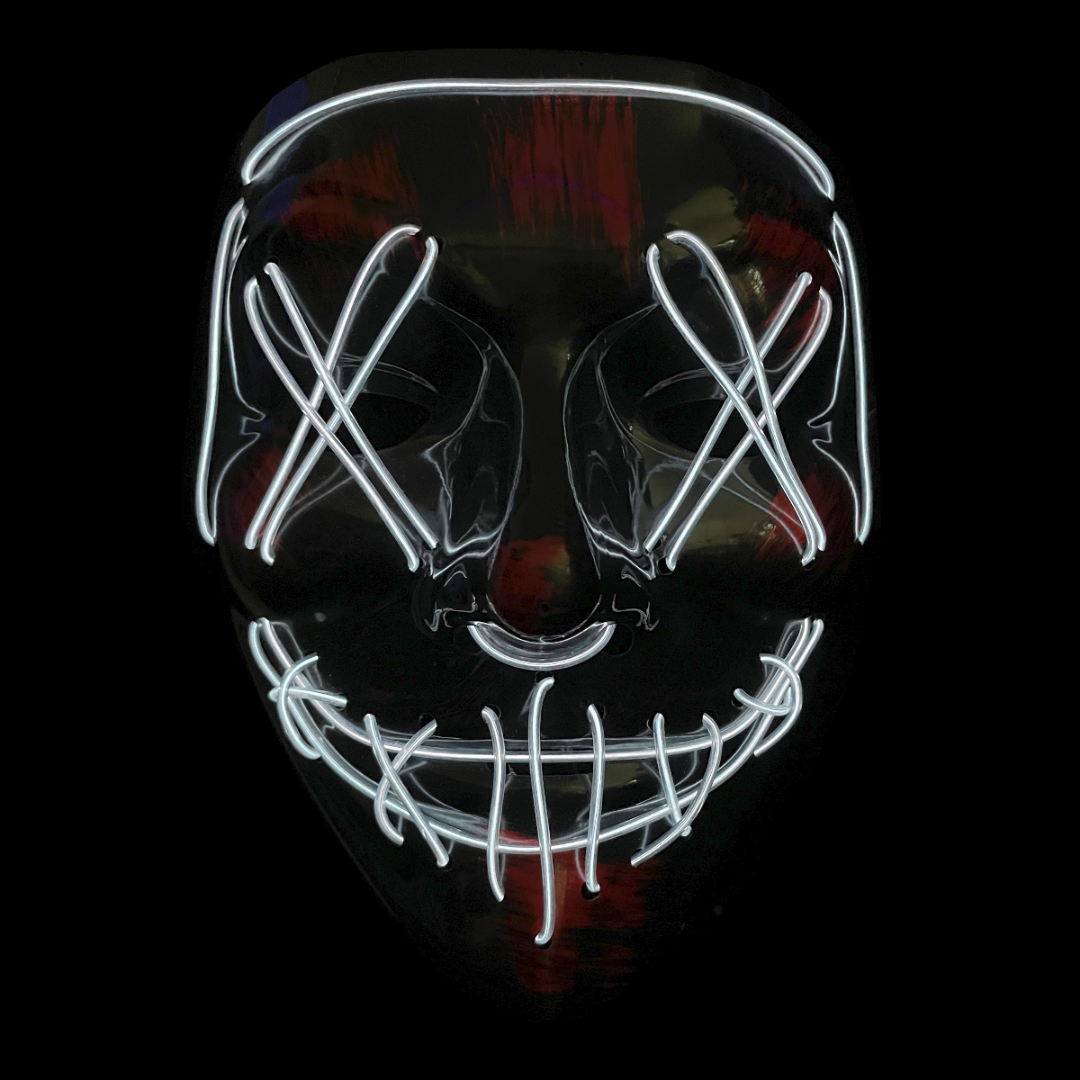 Light up Glow Stitches Mask: LED stitches create glowing eyes and mouth on black.