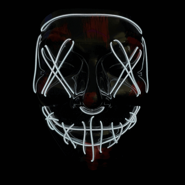 Light up Glow Stitches Mask with glowing eyes and mouth on a black background.