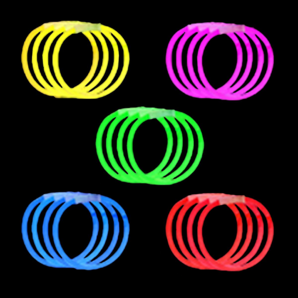 Five sets of vibrant glow bracelets on black: yellow, pink, green, blue, red. (50 each color).