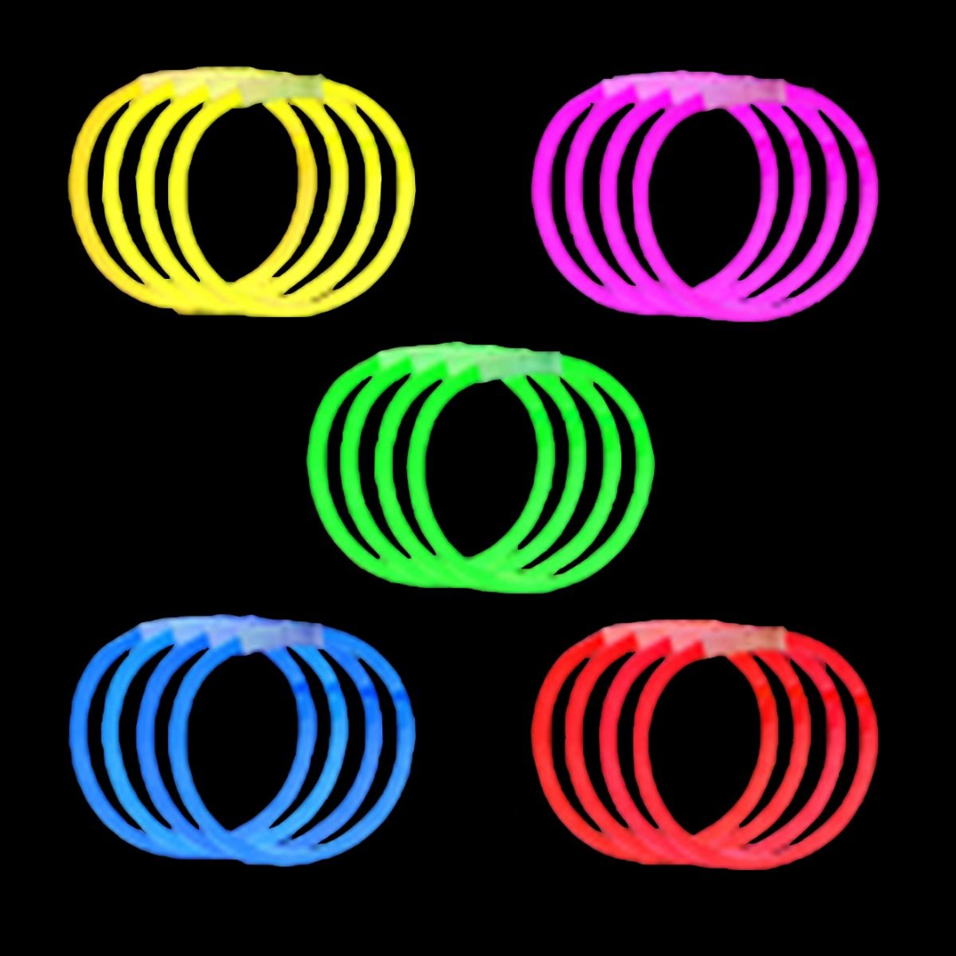 Five sets of vibrant glow bracelets on black: yellow, pink, green, blue, red. (50 each color).