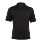 A plain black polo shirt with a collar and short sleeves, featuring a three-button placket. The shirt is displayed on a white background.