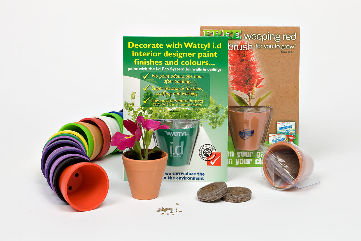 A collection of small, colorful pots arranged in a row, a plant in a pot with pink flowers, a paint flyer, a paint can, peat pellets, and a box with a red brush. Items are for gardening and painting decor.