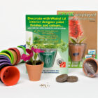 A colorful set featuring small plant pots, a packet of seeds, soil discs, and a plant in a pot. A promotional card for Wattyl i.d paint and a brush for weeping red are included, emphasizing eco-friendliness and interior design ideas.