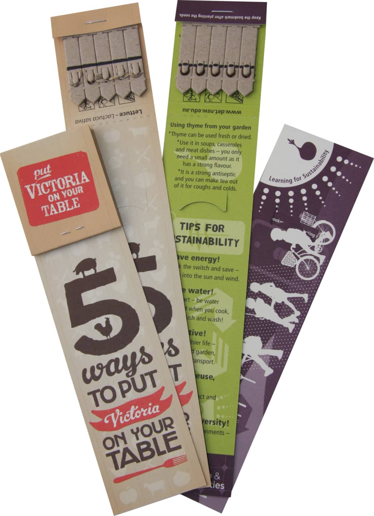 Four colorful bookmarks promoting sustainability and local food. The designs feature text about 5 ways to put Victoria on your table and Tips for Sustainability, along with graphics of vegetables, plants, and bicycles.