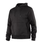 A black hoodie with a front kangaroo pocket and drawstring hood is shown against a white background. The hoodie has long sleeves and appears to be made of a soft fabric.