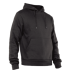 Black hooded sweatshirt with long sleeves and a kangaroo pocket. It has adjustable drawstrings on the hood and a relaxed fit, suitable for casual wear.