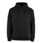 A plain black hoodie with a front pouch pocket and drawstrings is shown on a white background. The hoodie has long sleeves and a hood.