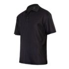 A plain black polo shirt with short sleeves and a collar, displayed on a white background. The shirt features a three-button placket.