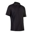 Black short-sleeve polo shirt with a collar and buttoned placket, displayed on a plain white background.