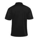 A plain black polo shirt is displayed from the back, showing the collar and short sleeves. The fabric appears smooth and the shirt has a simple, classic design.
