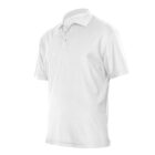 Plain white polo shirt displayed against a white background. The shirt features a classic collar, short sleeves, and a buttoned placket.