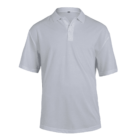 A plain white polo shirt displayed against a white background. The shirt features a collar and a three-button placket.