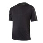 A plain black T-shirt with short sleeves is displayed against a white background. The shirt is simple in design, and there is a small logo near the neckline.