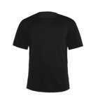 A plain black T-shirt on a white background. The shirt has short sleeves and a round neckline.