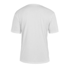 A plain white T-shirt displayed from the back, featuring a simple round neckline and short sleeves. The shirt has a smooth, clean appearance, emphasizing its minimalistic design.