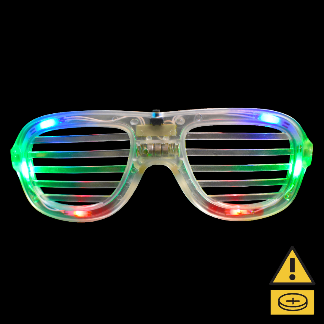 See-Through Flashing Shutter Shades with colorful LED lights on a black background.