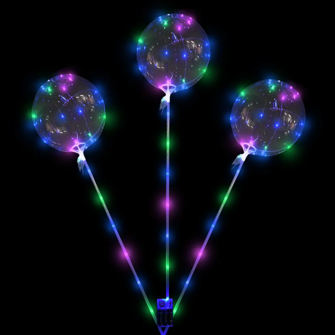 Three Transparent Bobo Balloons with multicolored LEDs glow against a black background.