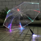 Transparent LED Umbrellas illuminate a wet tiled pavement with vibrant colors.