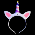 Unicorn LED Headband with a colorful spiral horn and pink ears on black.