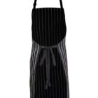 Apron with vertical black and white stripes, featuring a neck strap and a waist tie.