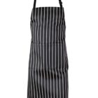 A black apron with vertical white pinstripes hanging against a white background. The apron has a neck strap and appears to be made of durable fabric.