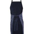 A navy blue apron with vertical white stripes, featuring a neck loop and a waist tie, displayed upright.
