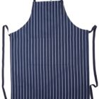 A blue apron with vertical white stripes, featuring an adjustable neck strap and long side ties. The apron includes a central front pocket.