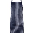 A navy blue apron with vertical white pinstripes and an adjustable neck strap.