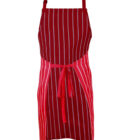 Red apron with vertical white stripes. It features a neck loop and a waist tie for fastening.