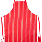 Red apron with vertical white stripes, featuring an adjustable neck strap and long waist ties. The apron has a pocket in the middle and a rectangular shape designed for kitchen or cooking use.