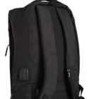 Black backpack with padded straps and a zipper pocket on the side.