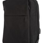 A sleek, black backpack with multiple zippers and a modern design.