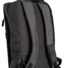 Gray backpack with USB charging port and adjustable padded straps, viewed from the back.