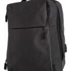 Black, rectangular backpack with multiple zippers and a top handle.