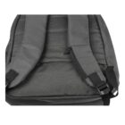 Close-up of gray backpack straps and a zippered pocket.