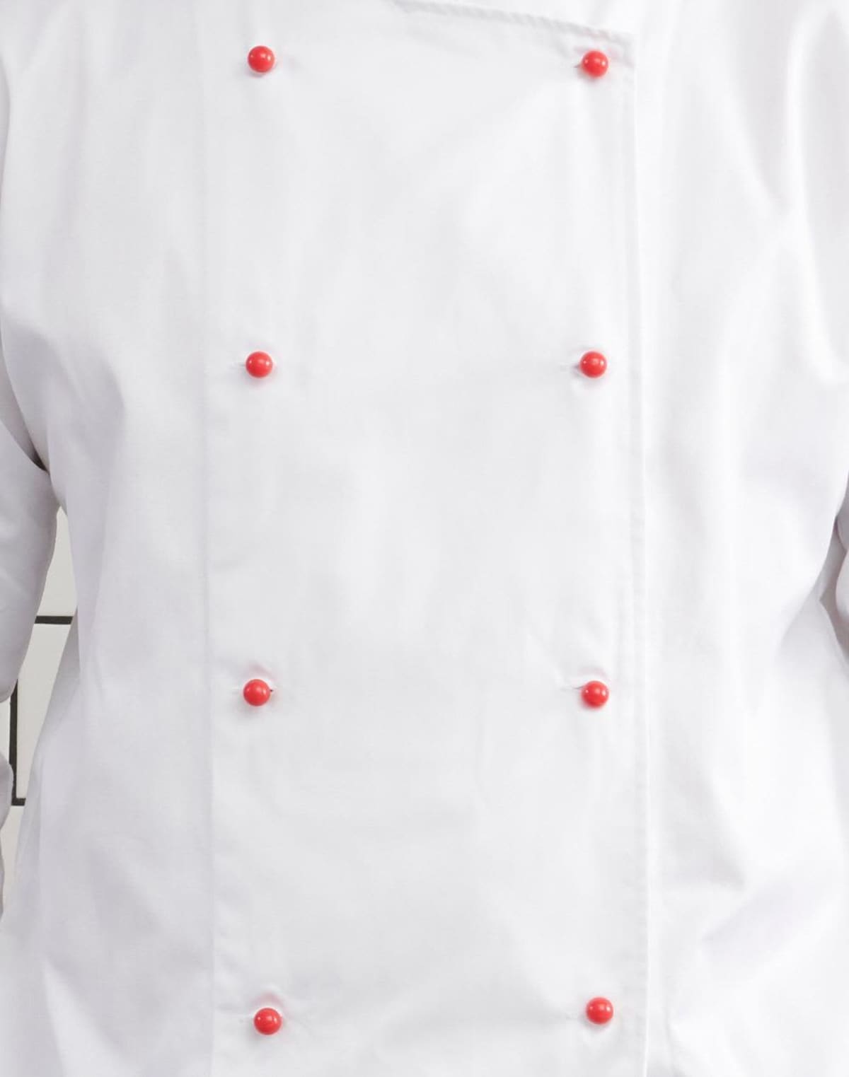 Chefs white jacket with red buttons.
