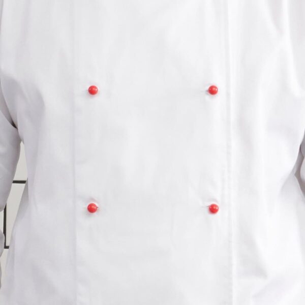 Chef coat with red buttons on a white background.