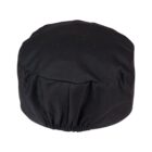 Black chefs hat with an elastic band at the back.