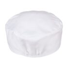 A white chefs hat with a flat top on a plain background.