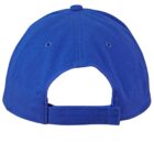 Back view of a blue baseball cap with an adjustable strap and two ventilation holes.