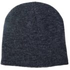 Dark gray knit beanie hat with a simple design, displayed on a white background.