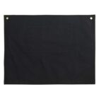 Black apron with a front pocket, hung by two brass grommets at the top corners.