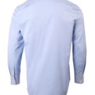 A light blue, long-sleeved dress shirt viewed from the back. It features a classic collar and buttoned cuffs, with a smooth, wrinkle-free appearance.