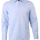 A light blue, long-sleeve button-up shirt with a front pocket. The shirt is displayed against a plain white background, showing its front view with a collar and buttons running down the center.