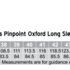 Size chart for a mens pinpoint oxford long sleeve shirt. Sizes range from 38 to 50, with chest measurements from 108.5 cm to 124.5 cm. Body lengths vary from 83.5 cm to 92.5 cm. Made from 100% cotton, tailored fit, measurements are for guidance only.