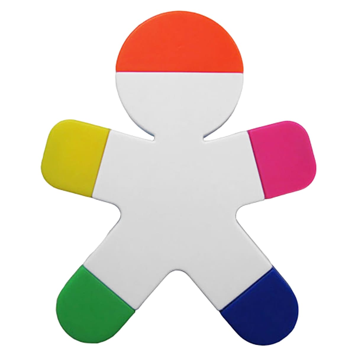 A stick figure with a round orange head and colorful limbs on a white background. Each limb is a different color: yellow, pink, green, and blue, resembling highlighters. The body is white and plain.