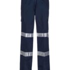Dark blue safety pants featuring reflective silver strips around the knees. The pants have a straight fit and multiple pockets, suitable for work or industrial environments.